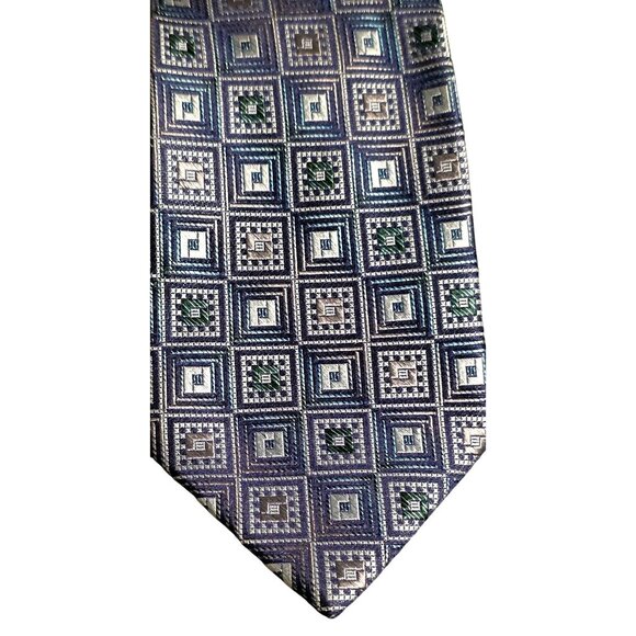 Vintage Tie Stacy Adams 100% Silk Handmade Geometric Square Blue & Silver - Picture 1 of 8